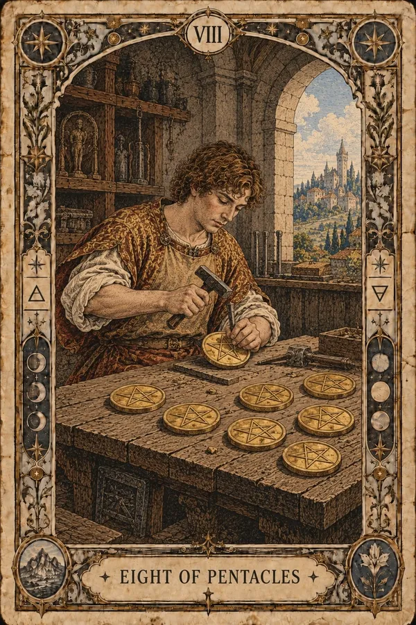 Osmička pentaklov (Eight of Pentacles)