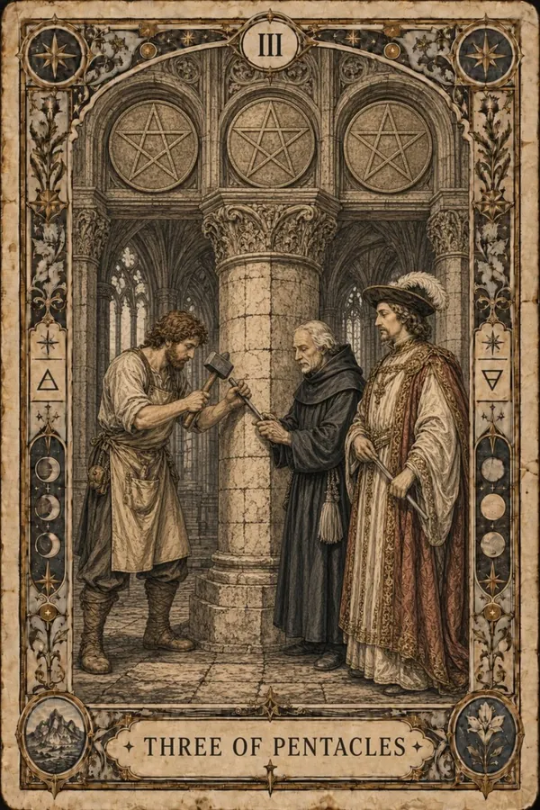 Trojka pentaklov (Three of Pentacles)